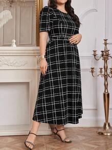 Modelyn Women Belted Black And White Grid Plus Size Dress Long Dress, For Summer