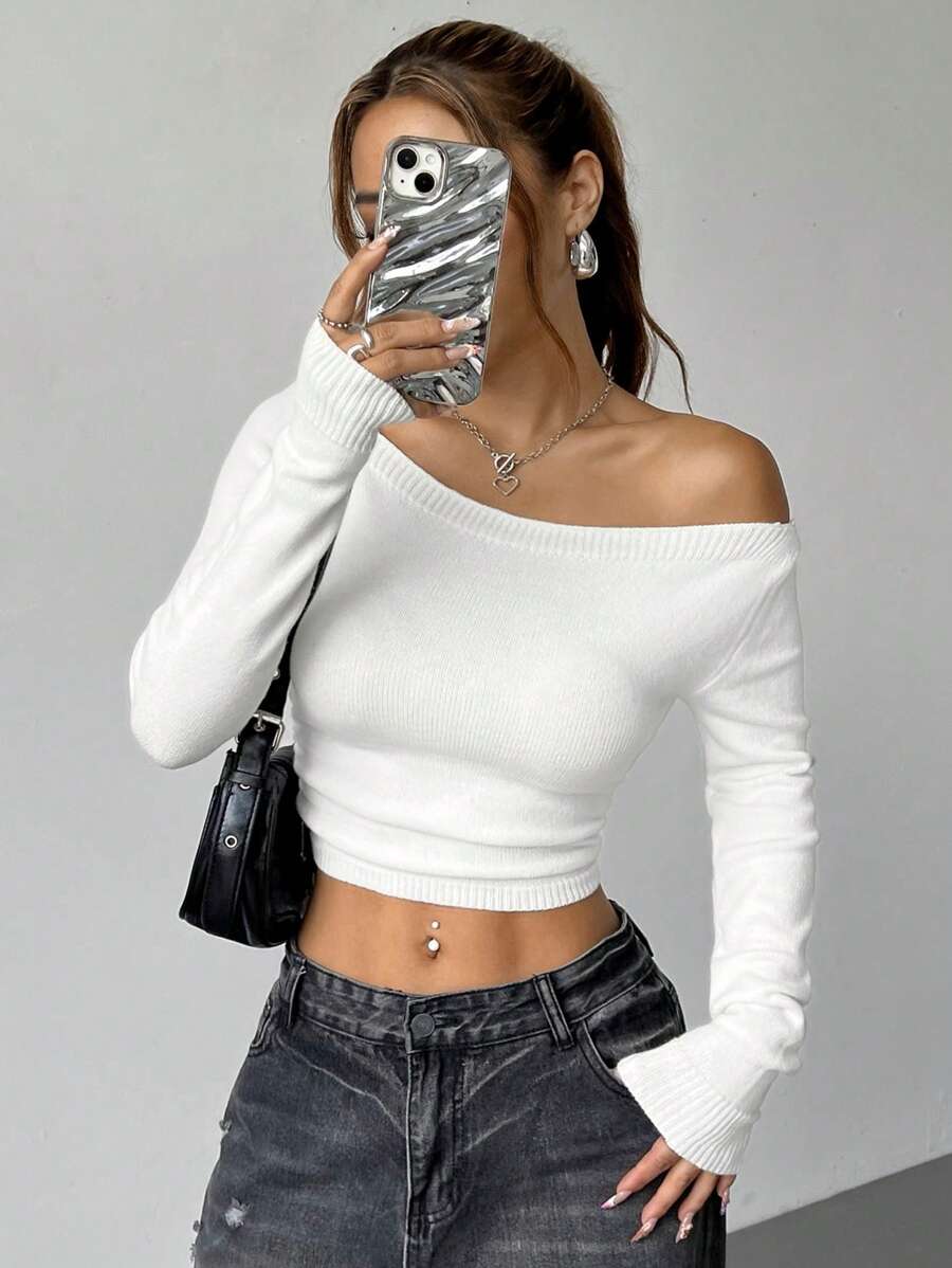 SHEIN Unity Women's Minimalist Casual Solid Color Asymmetrical Shoulder Long Sleeve Sweater,Long Sleeve Tops, Knit Pullover Fall Winter - White - View 1