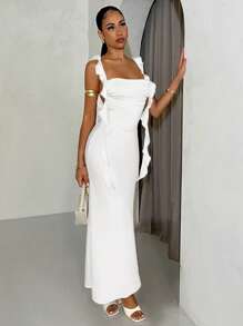 SHEIN BAE Sommerkleid für Frauen mit Spaghettiträgern, offenem Rücken und ausgestelltem Schnitt, geeignet für Urlaub, Abschlussball und Hochzeit - Weiss - Übersicht 4