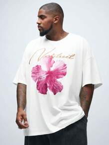 Manfinity VCAY Áo thun nam tay ngắn cổ tròn có kích thước lớn đan hoa in hình dáng rộng, cổ tròn, thích hợp cho trang phục hàng ngày vào mùa hè - trắng - Xem 3