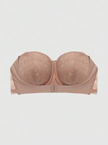 Plus Size Lace Splicing Bra With Underwire, 1pc Lingerie - Apricot - View 3