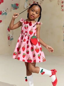 Strawberry Shortcake X SHEIN Vestido lindo y dulce de niña joven con estampado de fresa y una bolsa de hombro con dibujos animados - Rosado Sandía - Ver 6