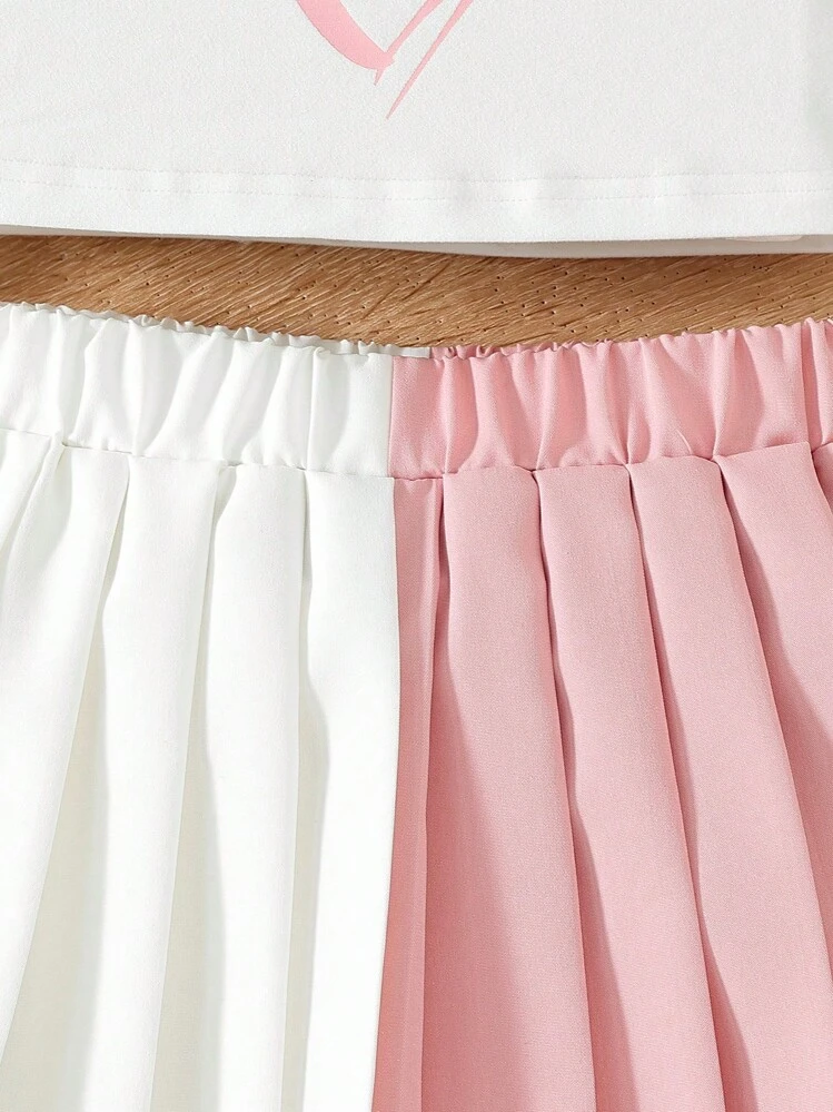 Conjunto de 2 piezas para niñas preadolescentes con top de color contrastante y falda - Rosa - Añade 3