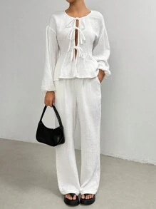 Muchica Ladies' Solid Color Minimalist Daily Wear Long Sleeve Top And Long Pants Two-Piece Set With Tie - White - View 4