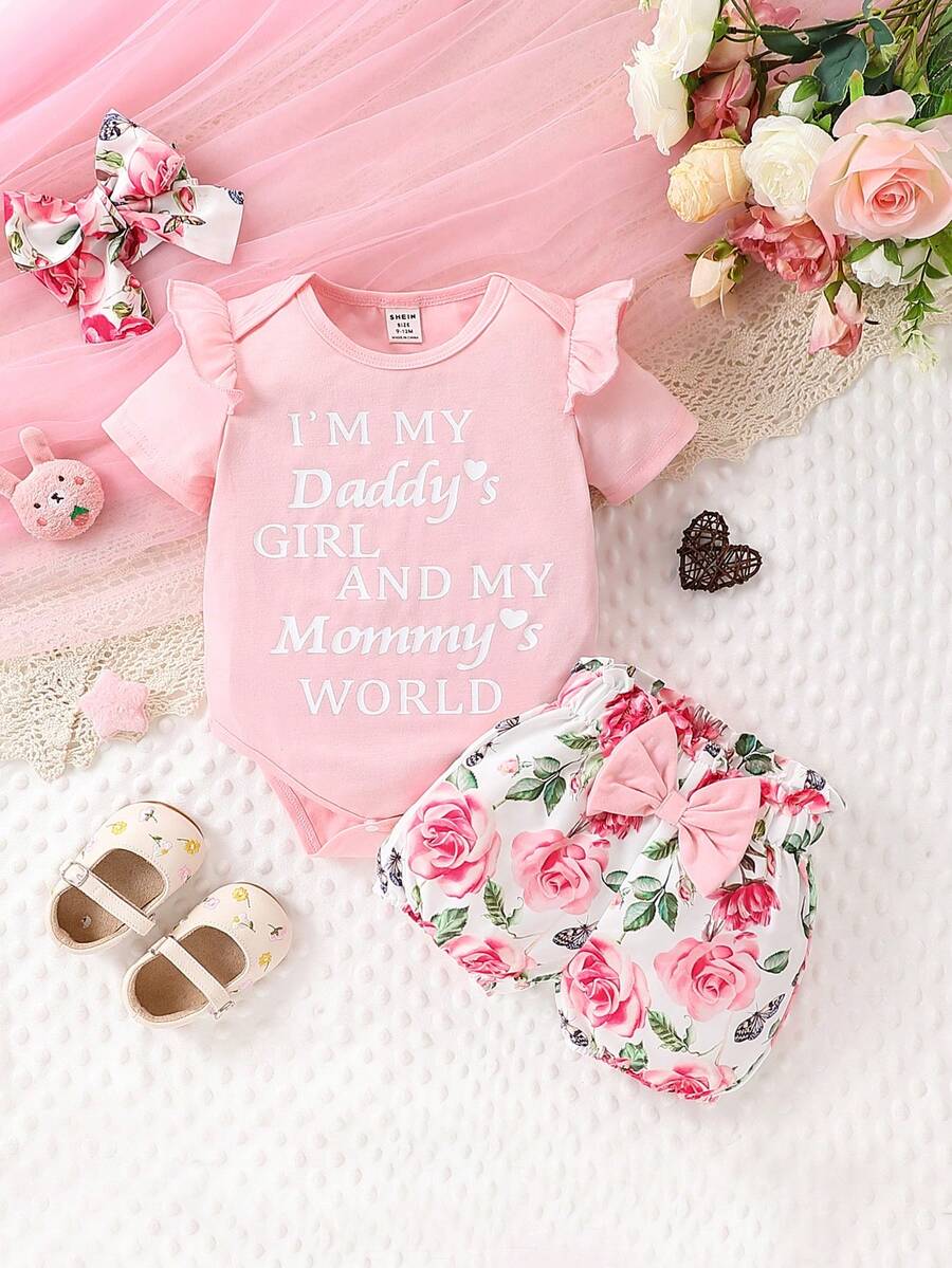Conjunto de body y shorts para bebé niña con diseño de flores impresas, moño 3D y lazo, body de manga corta rosa para primavera/verano - Multicolor - Ver 1