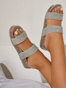 Solecia Người Phụ Nữ Giày Kim Cương Giả Trang Trí Nhẹ Quyến Rũ Kính Màu Be Ngoài Trời Phẳng Trượt Cho Kỳ Nghỉ Hè Giày Bán Mùa Hè Halloween - Màu be - Xem 7