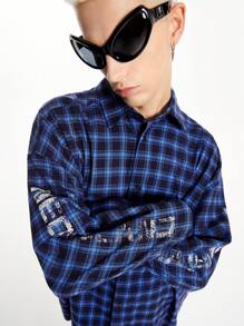 Manfinity VCAY Men's Street Woven Logo Ink Printed Plaid BOXY Long Sleeve Shirt, Suitable For Autumn And Winter Fashion - Blue - View 9