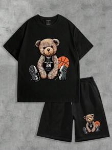 Manfinity Dauomo 男士夏季卡通熊圖案圓領短袖休閒T恤和束口褲套裝