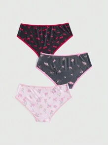 ROMWE Kawaii 3pcs Sweetheart Butterfly Cherry Blossom Floral Print Ice Silk Triangle Panties Set - Multicolor - View 2