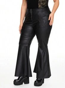 ROMWE Goth 哥德式3D玫瑰&月亮刺繡皮革面料大尺碼女士修身喇叭褲