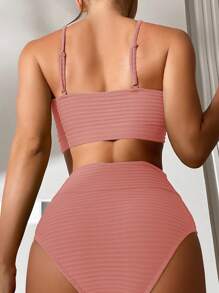 SHEIN Swim Bộ bikini gợi cảm đi biển mùa hè dành cho nữ màu trơn xoắn phía trước - Màu Hồng  San hô - Xem 2