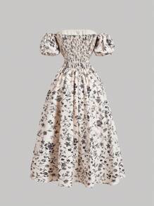 SHEIN MOD Robe d'été romantique pour femmes à épaules dégagées avec imprimé floral en crochet tressé bleu et blanc, avec manches bouffantes - Nude - Voir 2