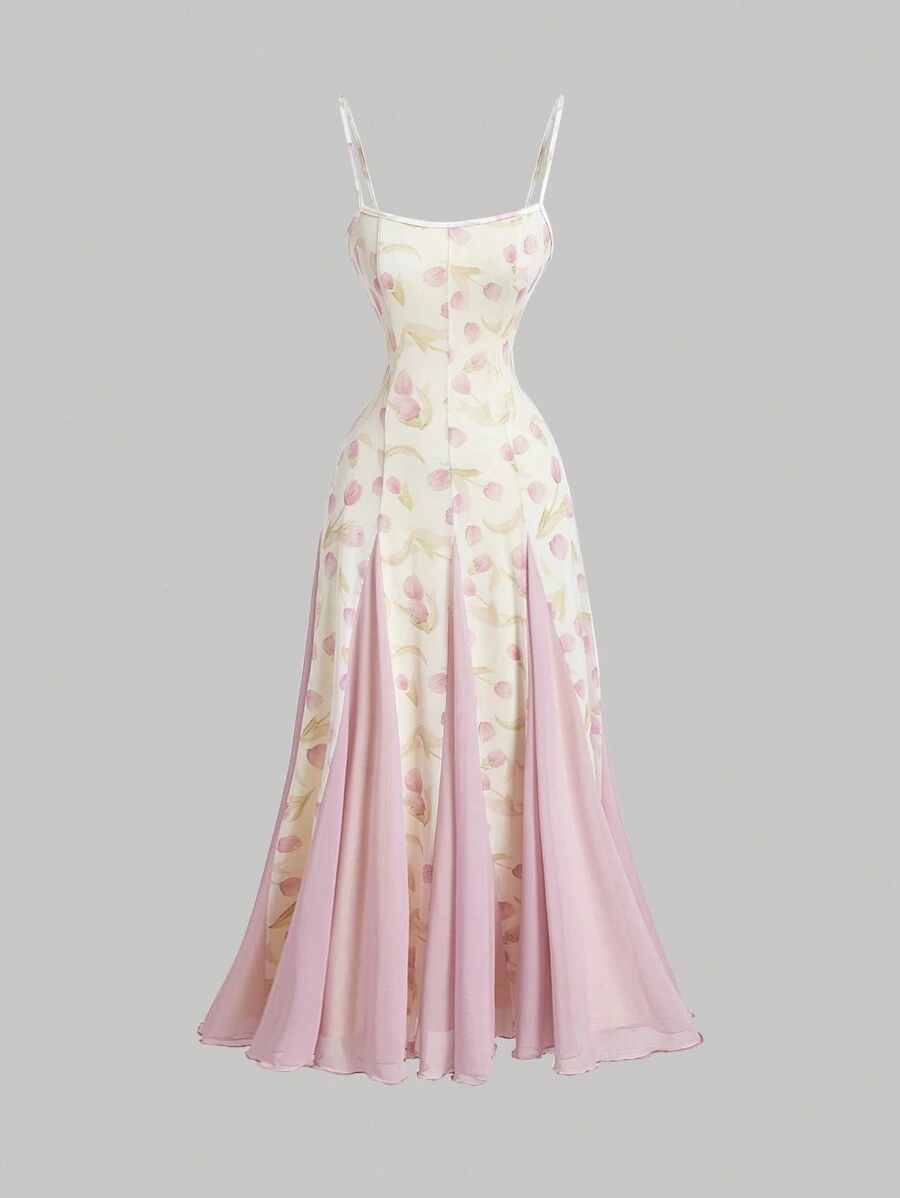 SHEIN MOD 女士郁金香印花粉色长款太阳裙、大下摆夏季连衣裙、毕业礼服、海滩女士连衣裙 - 紫羅蘭色 - 查看 1