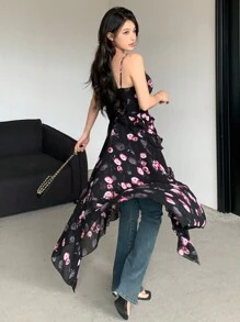 DAZY 女士全印花花卉背心裙 - 黑色 - 查看 5