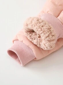 SHEIN Playful Pals 幼儿婴儿女孩休闲收腰蝴蝶结装饰口袋泰迪熊衬里轻质长袖拉链加垫连帽夹克，冬季外套，6M-3T - 粉色 - 查看 8