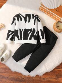 SHEIN 嬰兒男/女黑白拼色圓領下肩拼字繡花套頭衫，實色褲子和毛衣3件套裝 - 黑與白 - 查看 2