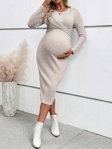 SHEIN Đầm bodycon tay dài màu trơn dáng ôm vừa vặn kiểu dáng xoắn thắt nút cho bà bầu, mùa xuân và mùa thu - Màu be - Xem 6