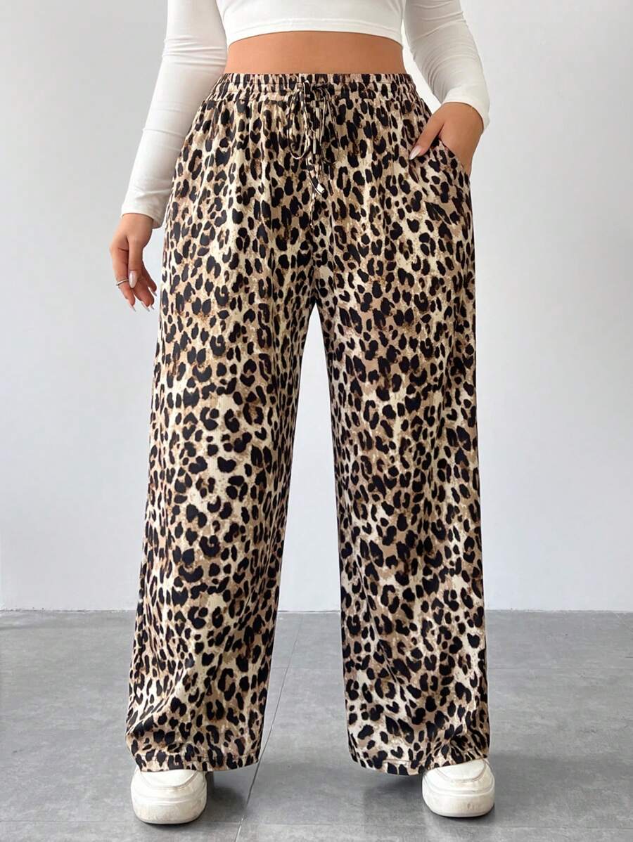 SHEIN EZwear Plus Size Leopard Print Loose Wide Leg Pants - Multicolor - View 1