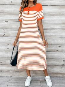 EMERY ROSE Women's Summer Striped Round Neck Short Sleeve Button Design Casual T-Shirt Dress With Side Slit Hem Maxi Women Outfit - Multicolor - View 3