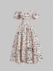 SHEIN MOD Robe d'été romantique pour femmes à épaules dégagées avec imprimé floral en crochet tressé bleu et blanc, avec manches bouffantes - Nude - Voir 1