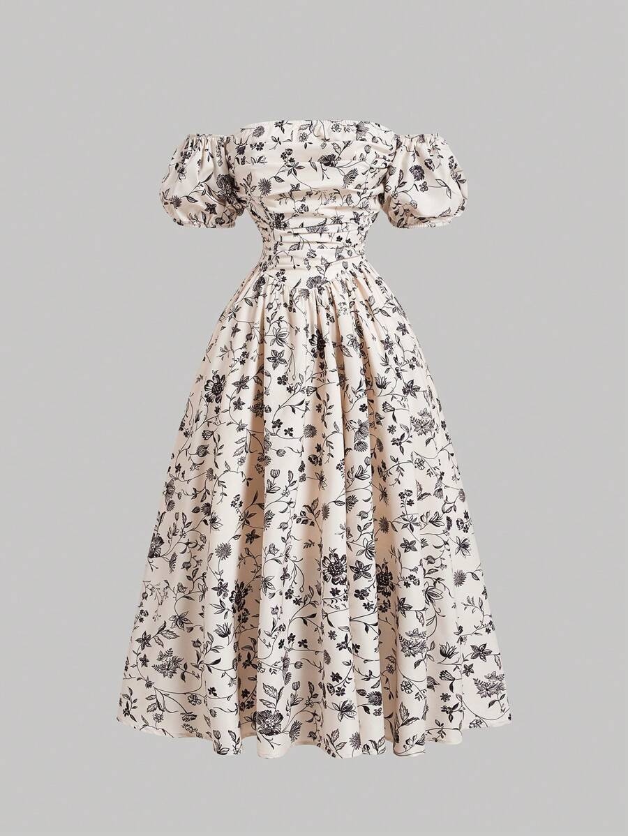 SHEIN MOD Robe d'été romantique pour femmes à épaules dégagées avec imprimé floral en crochet tressé bleu et blanc, avec manches bouffantes - Nude - Voir 1