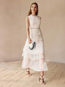 MOTF PREMIUM MESH OVERLAY LACE TRIM TIERED RUFFLE HEM LONG DRESS WOMEN OUTFIT - White - View 6