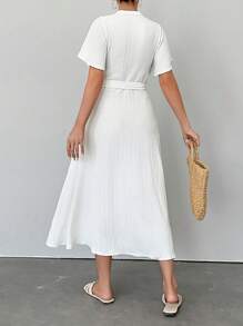 EURMUSE Ruffle Sleeve Crew-Neck Buttoned Maxi Dress With Shell Belt - White - View 2