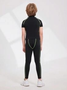 SHEIN Áo thun ngắn tay và quần dài cổ tròn màu sắc cho bé trai Tween Trang phục thể thao mùa hè - màu đen - Xem 2