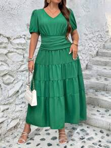 SHEIN Clasi 大尺碼V領褶皺純色休閒夏季短袖連衣裙 - 綠色 - 查看 3