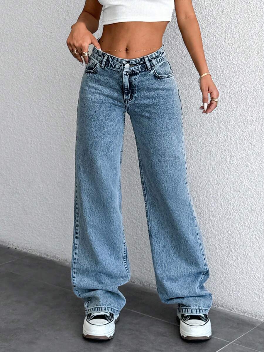 SHEIN Cottnline Low Waist Snow Wash Wide Leg Jeans - Medium Wash - View 1