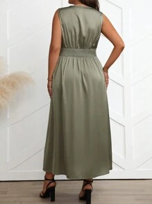 Celure Vestido casual para el verano de talla grande, de unicolor y sin mangas con cintura fruncida y aberturas laterales