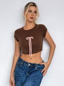 Lunelith SHEIN Lunessa ملابس علوية نسائي قصير الأكمام محبوك بأسلوب بسيط يومي وزخرفة على شكل عقدة الفراشة بلون صلب