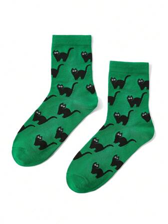 Flacwind Chaussettes mi-mollet jacquard motif mignon de chat noir artistique kawaii, pour les vacances