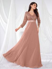 UNITHORSE Doll V-Neck Cropped Sleeve Sequin Patchwork Full Dress Formal Dress Elegant Long Sleeve Prom Semi Formal Wedding Guest Dress, For Birthday, Graduation, Homecoming