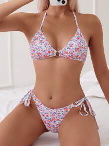 Swim Mod 女士夏季沙灘小花圖案頸掛式三角比基尼套裝，隨機圖案 - 彩色 - 查看 5