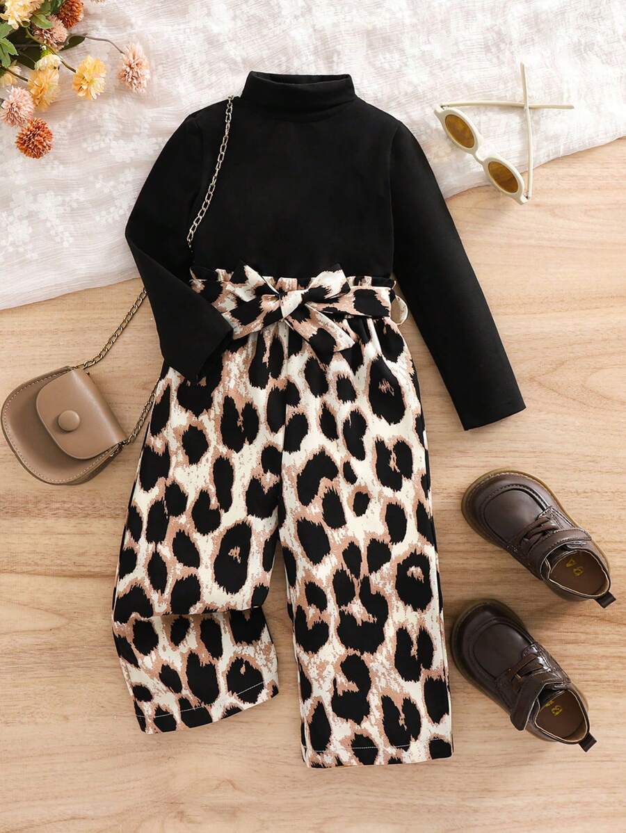 SHEIN Leap Crew 可愛針織純色高領長袖上衣和寬鬆的豹紋印花長褲套裝，適用於女嬰