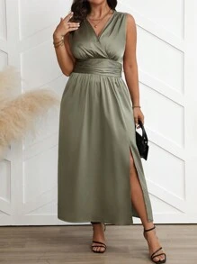 Celure Vestido casual para el verano de talla grande, de unicolor y sin mangas con cintura fruncida y aberturas laterales