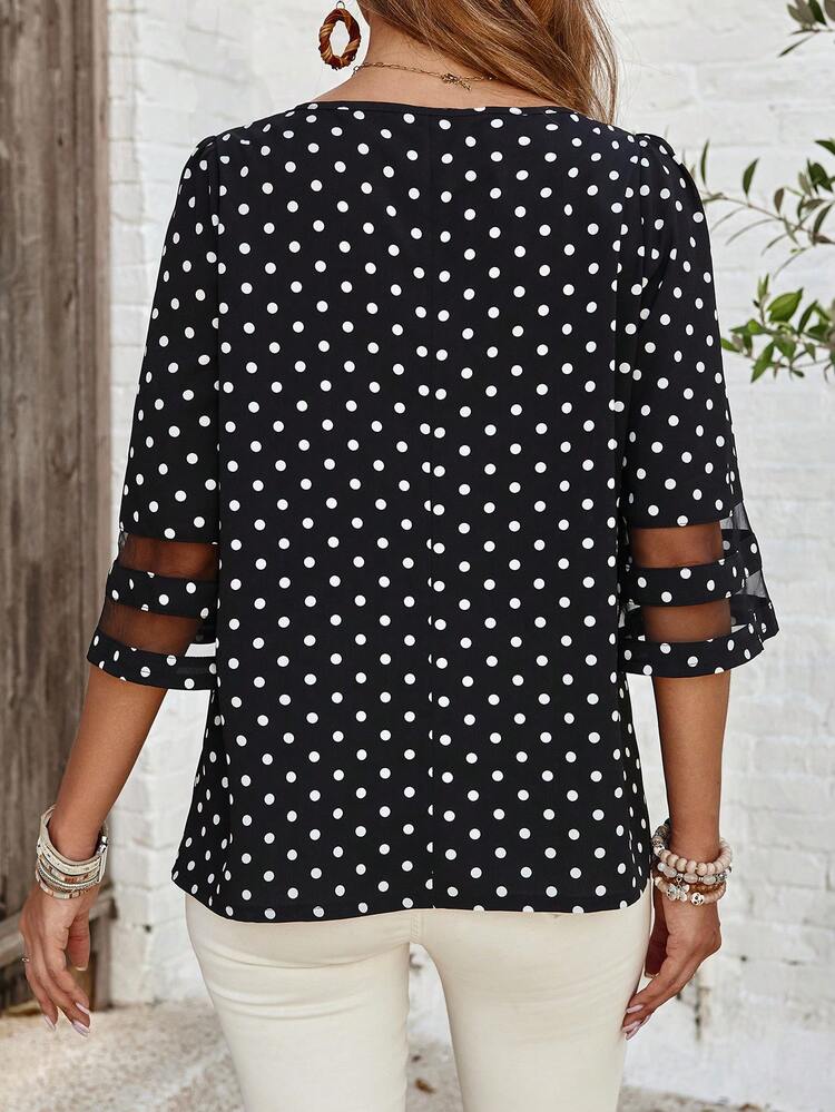 Women's Polka Dot Printed V-Neck Mesh Splice Casual Shirt Teacher Shirts