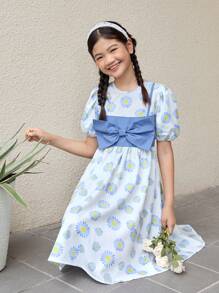 SHEIN 少女休闲春夏碎花编织两件套圆领短袖连衣裙 - 藍白色 - 查看 3