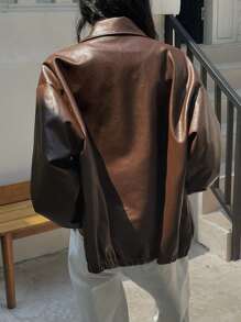 Dazy-Less 落肩斜插口袋PU皮夹克，秋季女装皮夹克