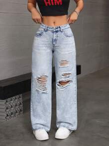 SHEIN EZwear Women's Casual Loose-Fit Wide-Leg Denim Pants With Distressed Pockets - Light Wash - View 3