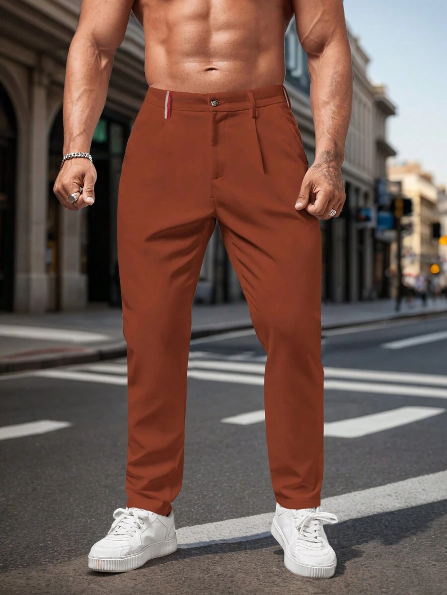 Manfinity Homme Men Solid Slant Pocket Suit Pants For Dailywear - Rust Brown - View 1