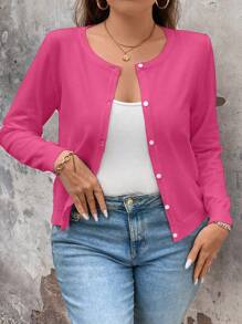 Plus Size Women's Solid Color Simple Daily Long Sleeve Cardigan, For Winter Fall Cloth For Women Autumn - Hot Pink - View 5