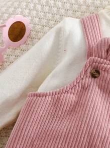 SHEIN 新生嬰兒女可愛灰色灰絨實色連身衣，具有3D耳朵設計和吊帶，適用於秋冬季節 - 藕粉色 - 查看 3