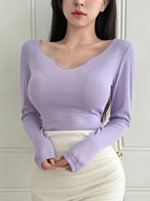 DAZY Women's Solid Color Slim Fit Long Sleeve T-Shirt With V-Neckline For Spring/Summer - Violet Purple - View 3