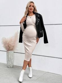 SHEIN Đầm bodycon tay dài màu trơn dáng ôm vừa vặn kiểu dáng xoắn thắt nút cho bà bầu, mùa xuân và mùa thu - Màu be - Xem 5