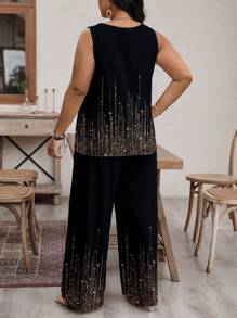 EMERY ROSE Áo ba lỗ không tay thông thường mùa hè & Quần dài Slim Fit nữ Plus Size Họa tiết sequin 2 cái/bộ - trái cam - Xem 2