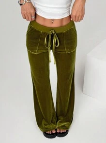 SHEIN EZwear SHEIN EZwear Women's Autumn Casual Retro Green Velvet Flared Pants