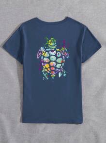 INAWLY Watercolor Ocean Turtle Print Women's Short Sleeve Casual T-Shirt With Round Neck Graphic Tees Women Tops