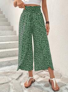 SHEIN Essnce Quần ống rộng in họa tiết mùa hè thường ngày xẻ viền hoa - màu xanh lá - Xem 4